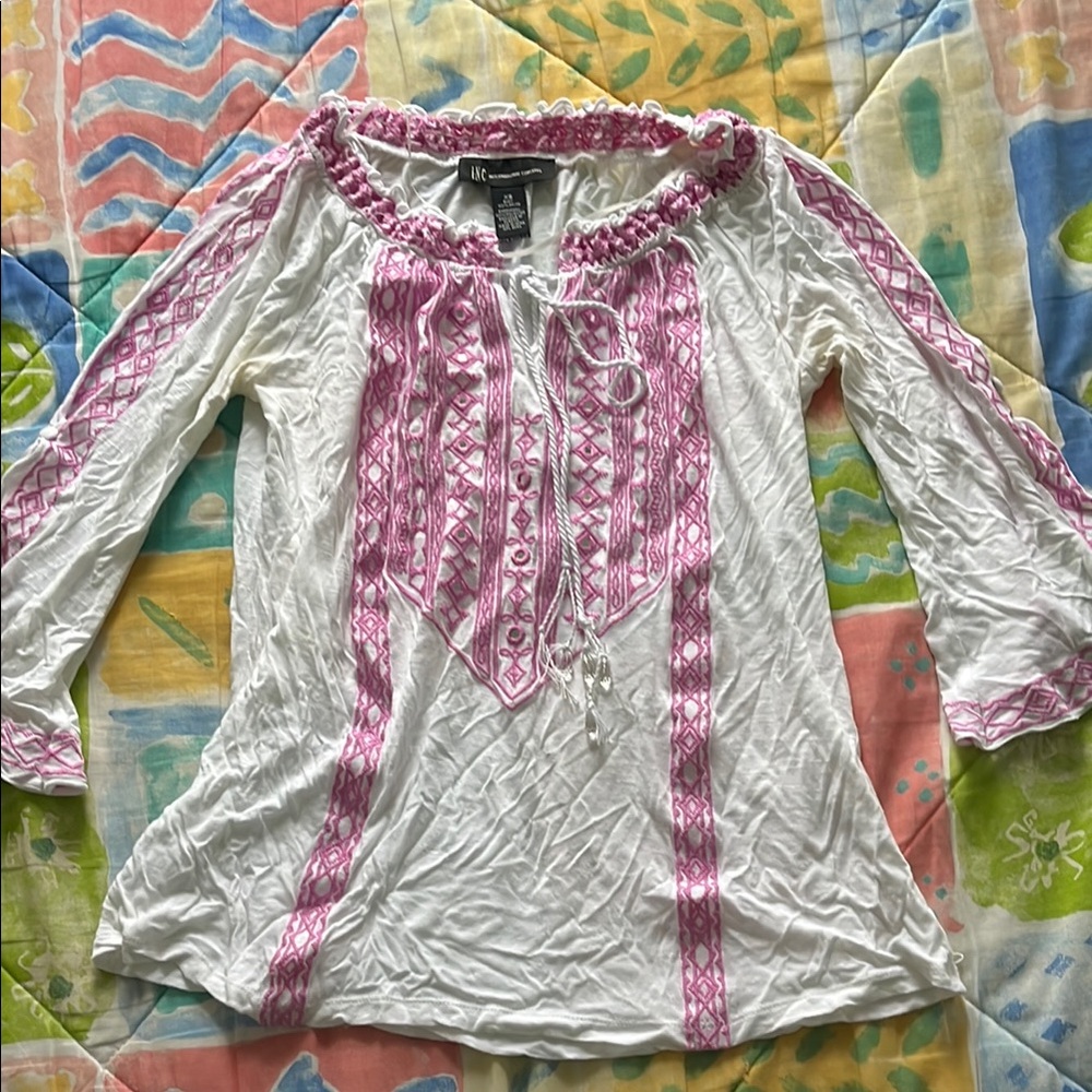 INC International Concepts White and Pink Boho Blouse